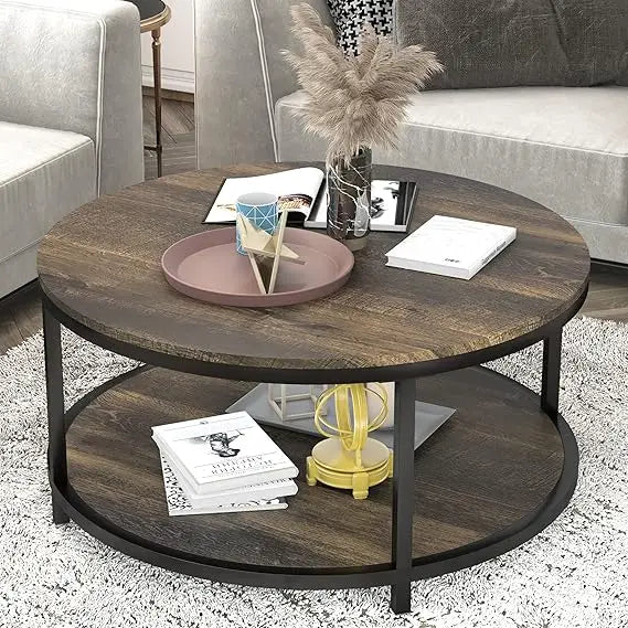 Round Coffee Table 36" with Storage Shelf, Rustic Wood 2-Tier Design for Living Room