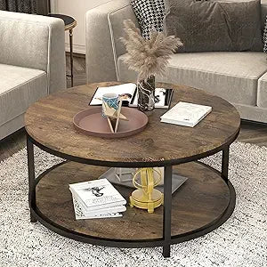 Round Coffee Table 36" with Storage Shelf, Rustic Wood 2-Tier Design for Living Room