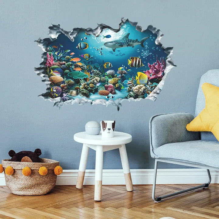 Broken Wall 3D Underwater World Wall Sticker - Self-Adhesive Art Decals for Room & Porch