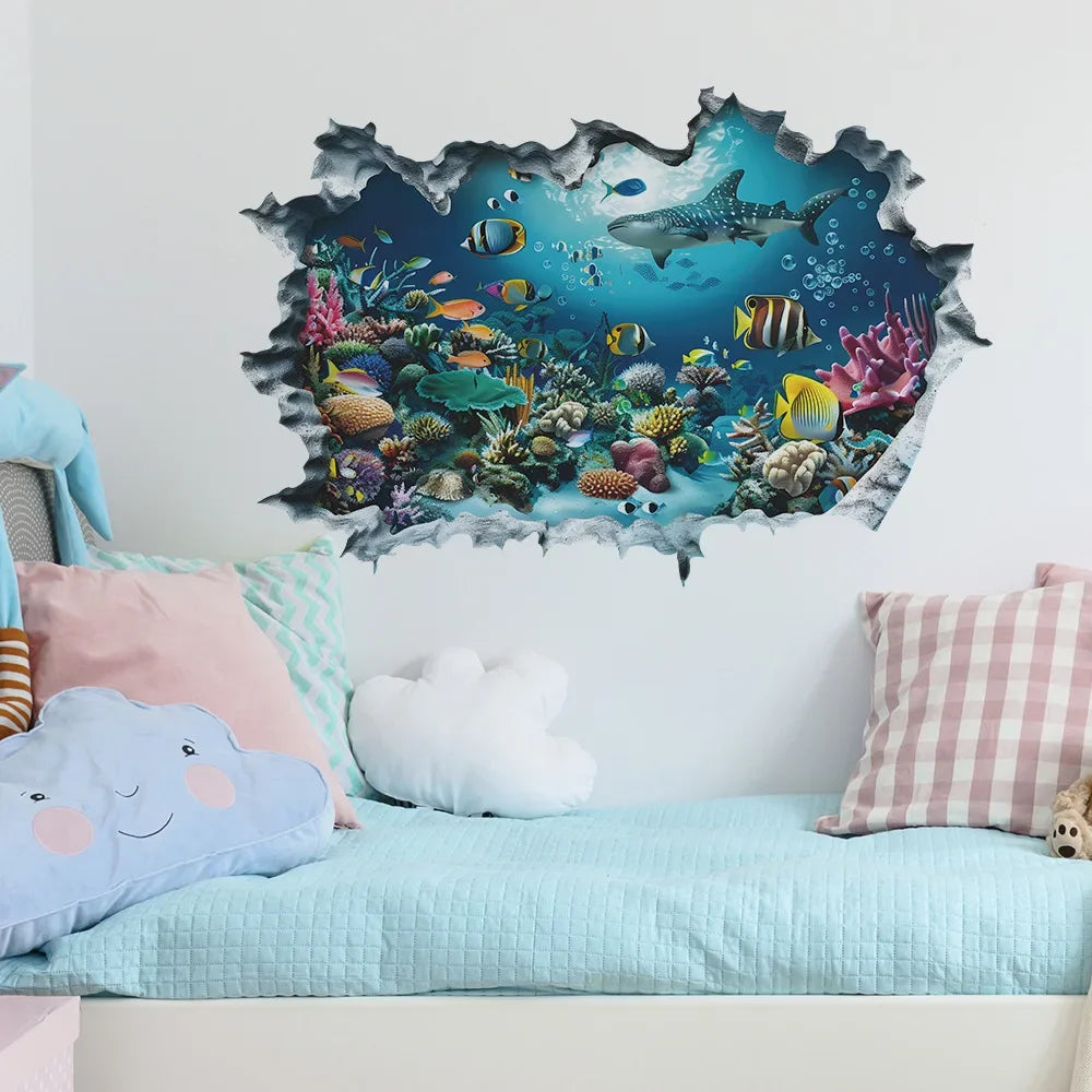 Broken Wall 3D Underwater World Wall Sticker - Self-Adhesive Art Decals for Room & Porch