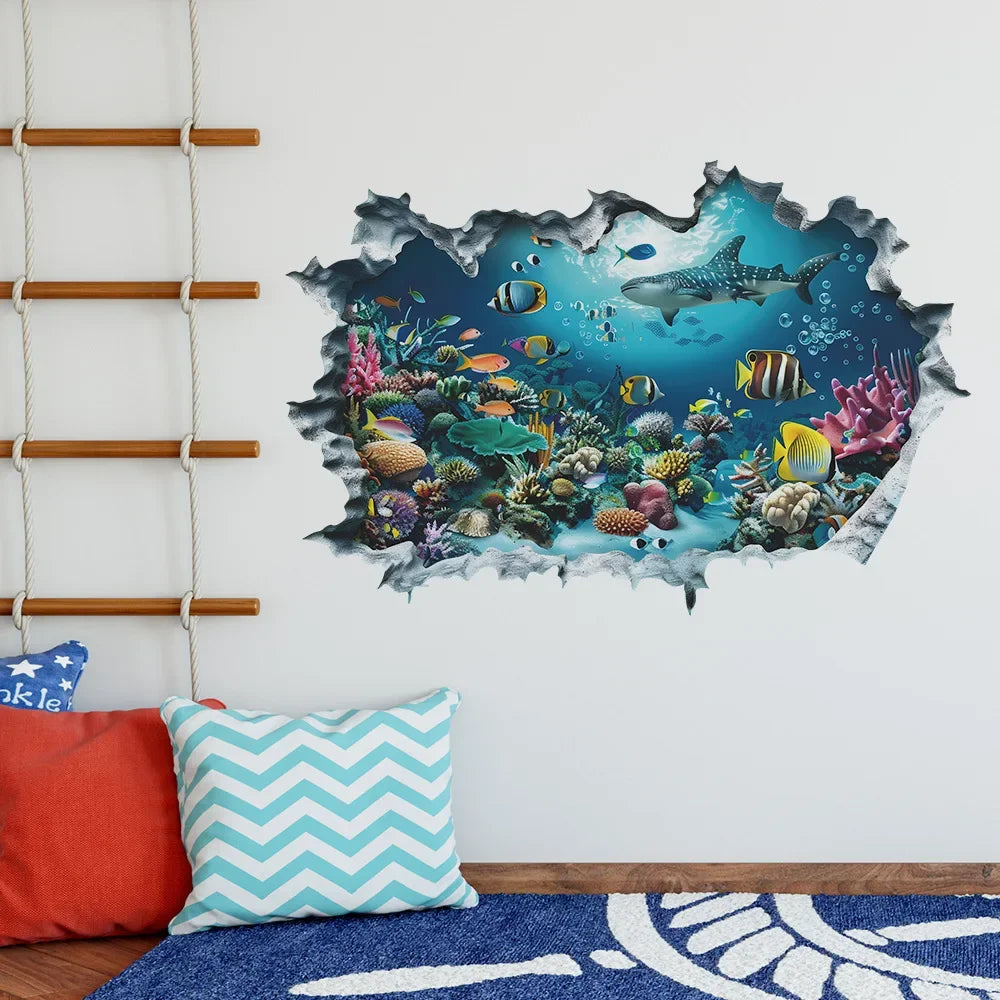 Broken Wall 3D Underwater World Wall Sticker - Self-Adhesive Art Decals for Room & Porch