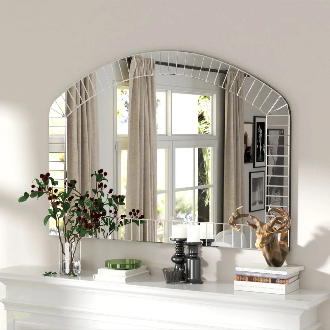 Large Silver Arched Wall Mirror - Decorative Venetian Accent with Beveled Edge