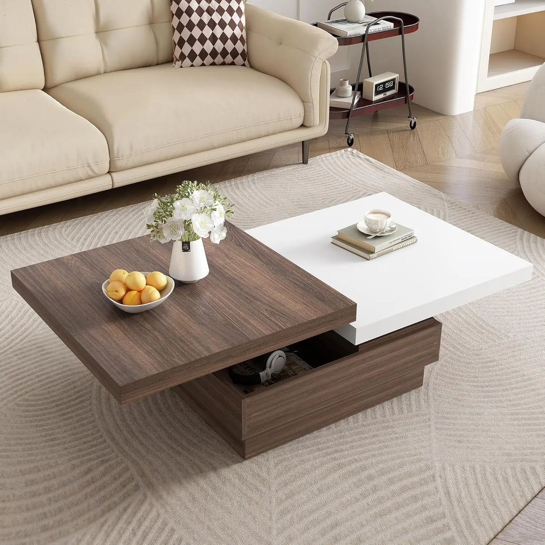 Modern Coffee Table with Hidden Storage & Rotating Top for Living Room