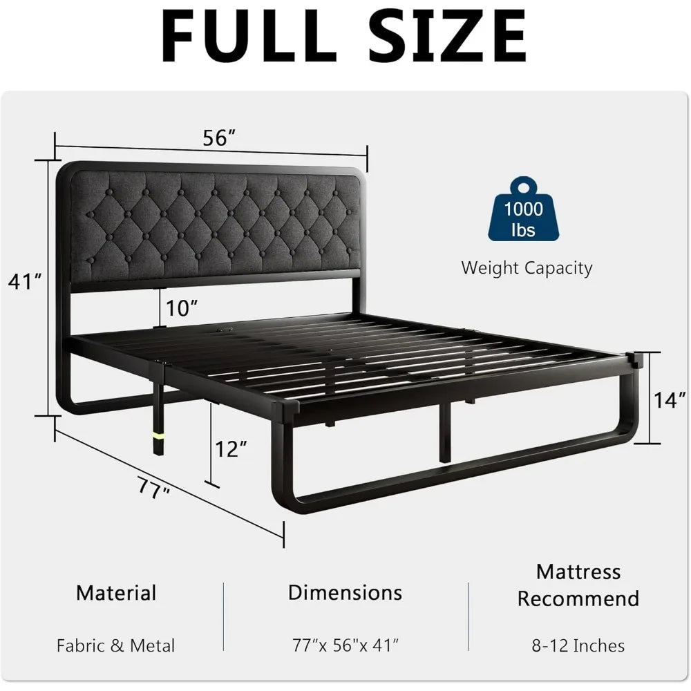 Curved Metal Platform Bed Frame with Linen Upholstered Headboard – 12" Under-Bed Storage, No Box Spring Needed