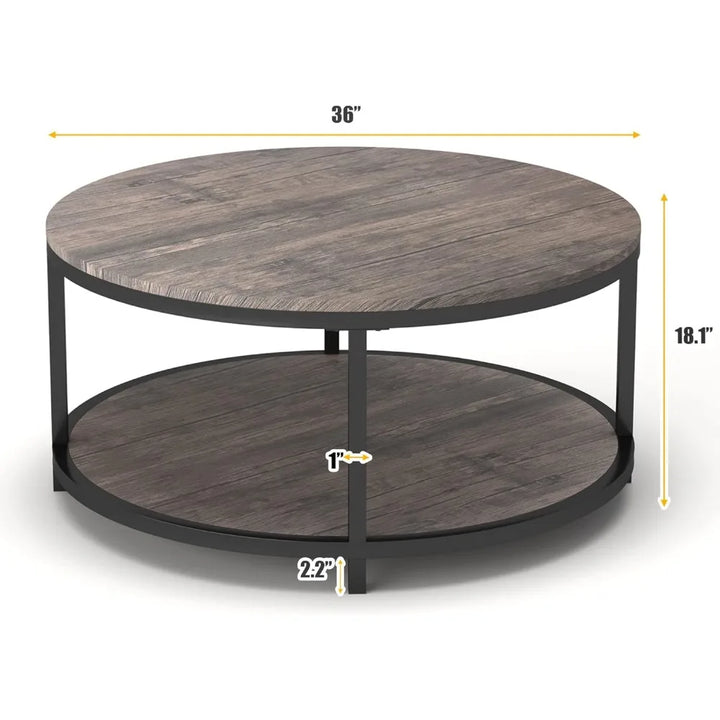 Round Coffee Table 36" with Storage Shelf, Rustic Wood 2-Tier Design for Living Room