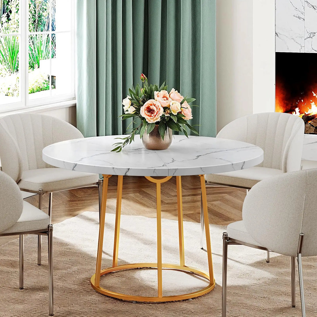 Round Dining Table 47.24" for 4 People - Wooden Marble Pattern with Gold Base