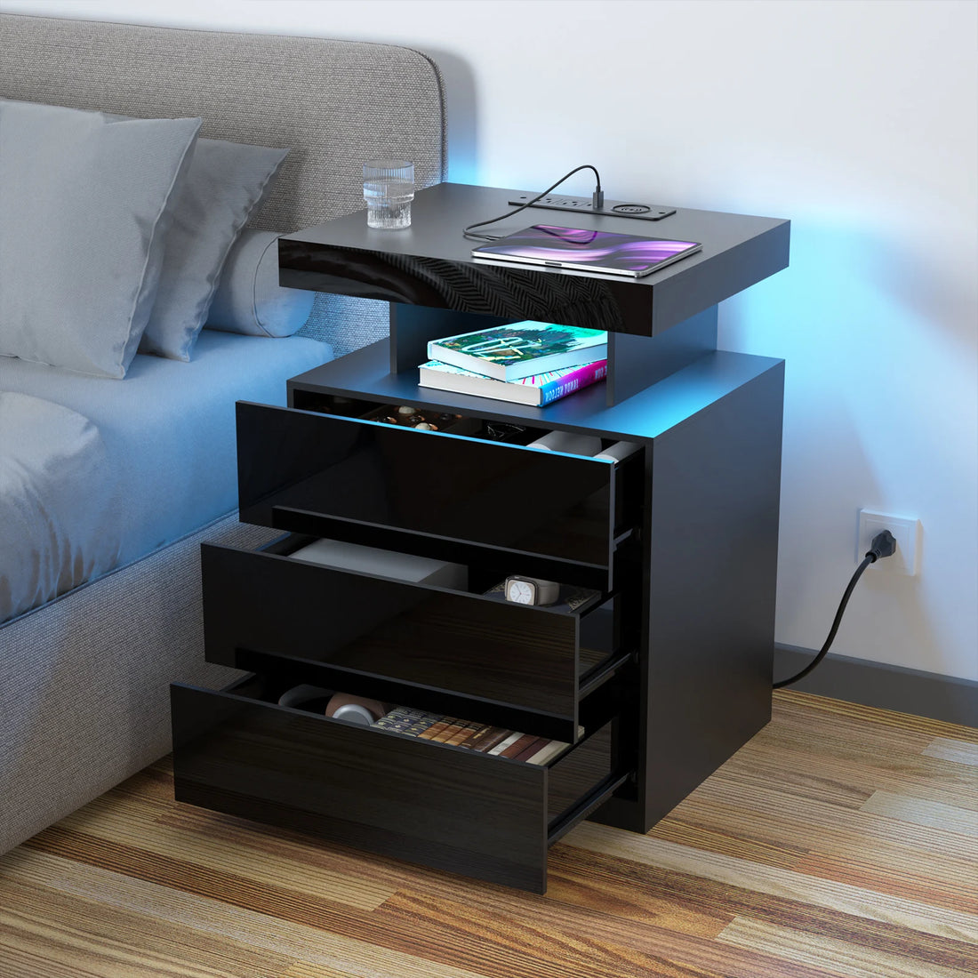 Nightstand LED Light Bedside Table with 3 Drawers, Adjustable Brightness, Modern Style