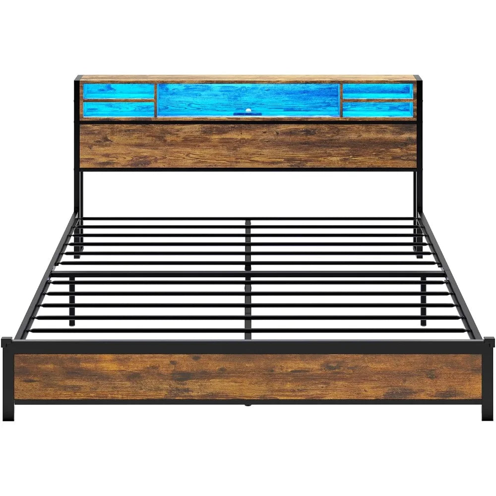 King Bed Frame with LED Lights Headboard, Metal Platform Bed with Storage, USB Ports