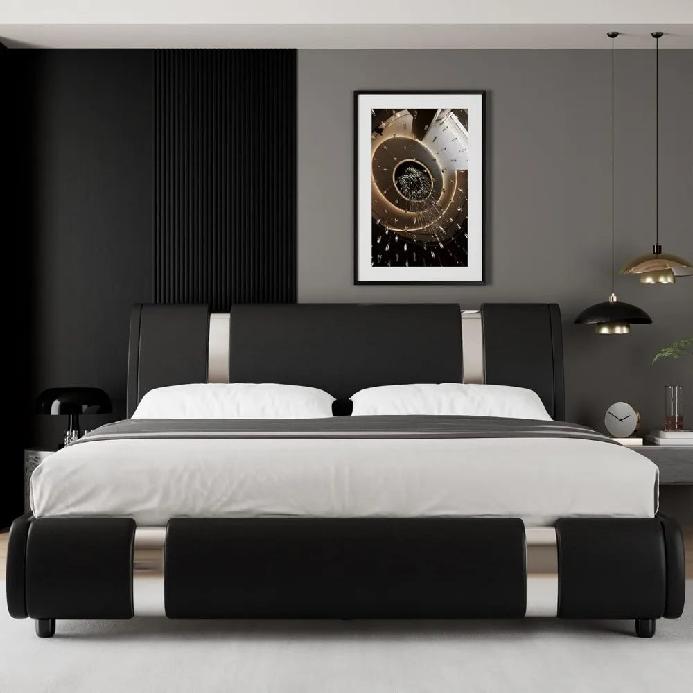 Modern Faux Leather Upholstered Platform Bed Frame with Curved Headboard & Iron Metal Decor