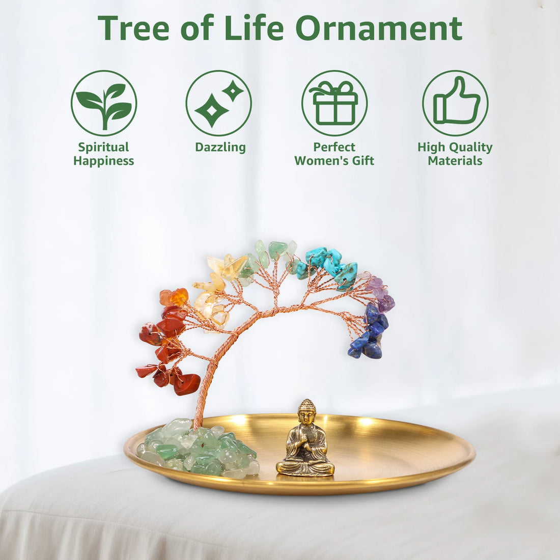 Tree and Buddha Statue Decor with Crystal Tree of Life for Home and Bedroom