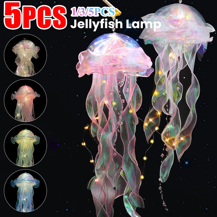 5PCS Jellyfish Bedroom Night Light Lamp with Ribbon & Bead for Girl Room Decor