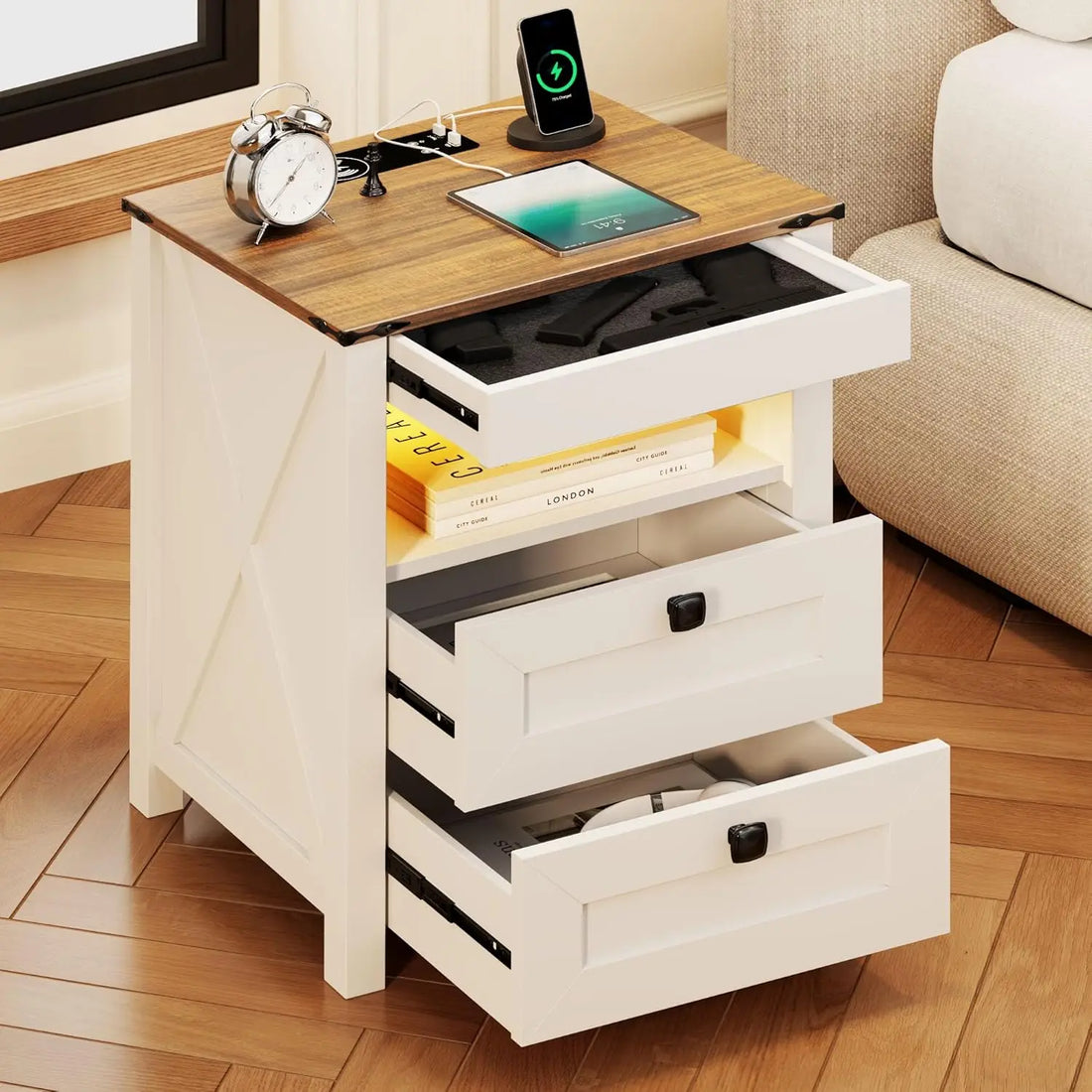 Night Stand Set 2 with Gun Drawer, Charging Station & LED Light