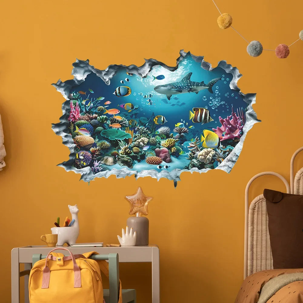 Broken Wall 3D Underwater World Wall Sticker - Self-Adhesive Art Decals for Room & Porch