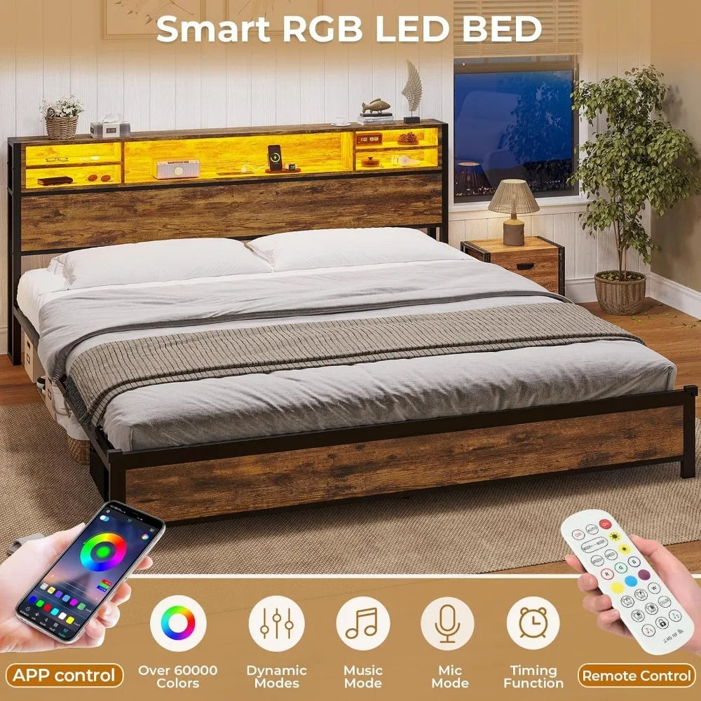 King Bed Frame with LED Lights Headboard, Metal Platform Bed with Storage, USB Ports