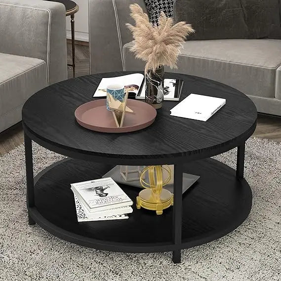 Round Coffee Table 36" with Storage Shelf, Rustic Wood 2-Tier Design for Living Room