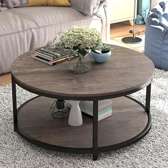 Round Coffee Table 36" with Storage Shelf, Rustic Wood 2-Tier Design for Living Room