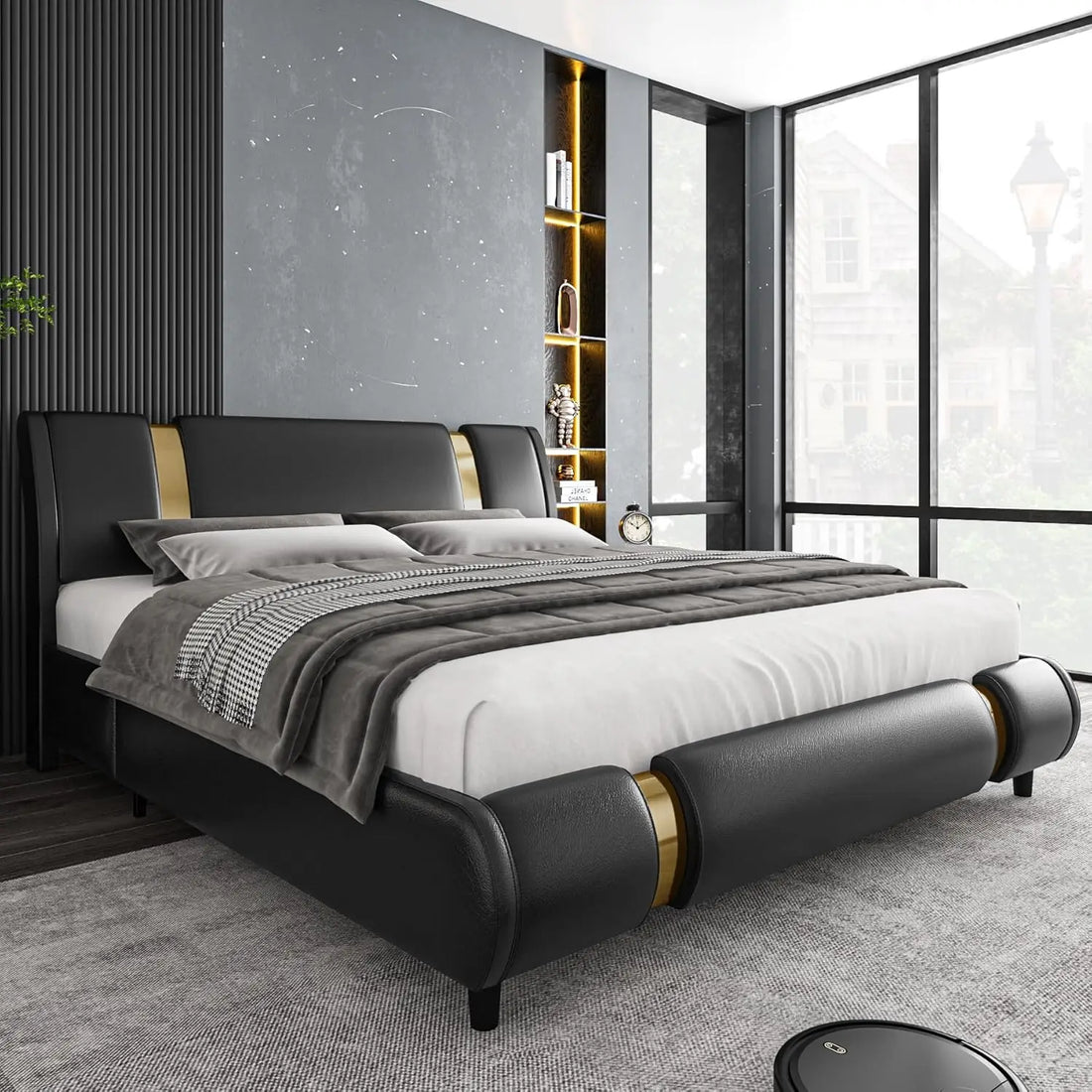 Modern Faux Leather Upholstered Platform Bed Frame with Curved Headboard & Iron Metal Decor