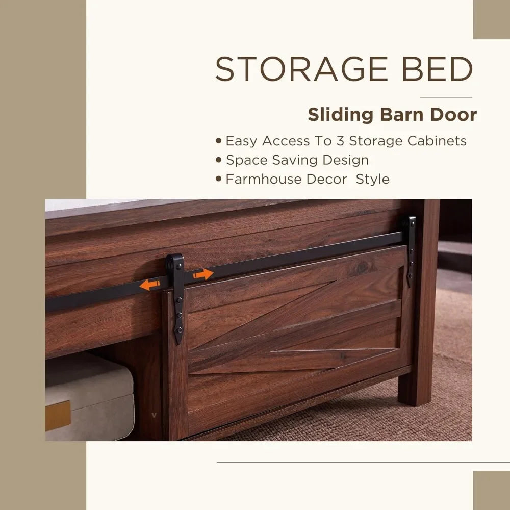 King Queen Full Size Bed Frame with Sliding Barn Door Storage Cabinets – Solid Wood Slats, Noiseless Design