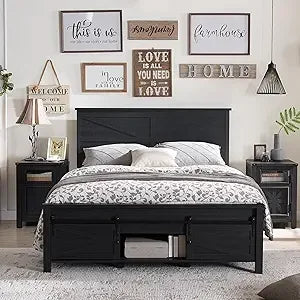 King Queen Full Size Bed Frame with Sliding Barn Door Storage Cabinets – Solid Wood Slats, Noiseless Design