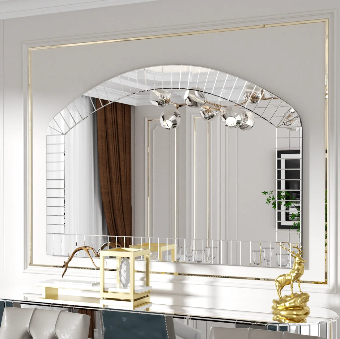 Large Silver Arched Wall Mirror - Decorative Venetian Accent with Beveled Edge