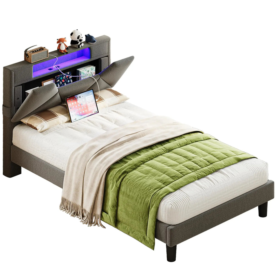 ANTCOR Twin Bed Frame with Storage, Charging Station & LED Lights