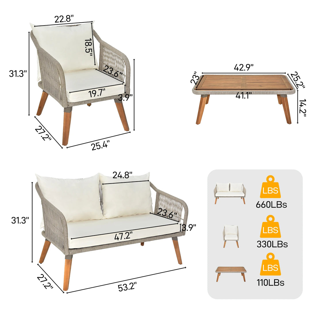 4-Piece Outdoor Acacia Wood Patio Set – Modern Deep Seating with Grey Rope & Beige Cushions