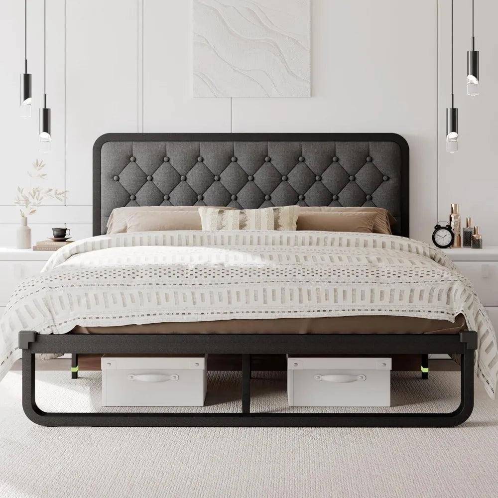 Curved Metal Platform Bed Frame with Linen Upholstered Headboard – 12" Under-Bed Storage, No Box Spring Needed