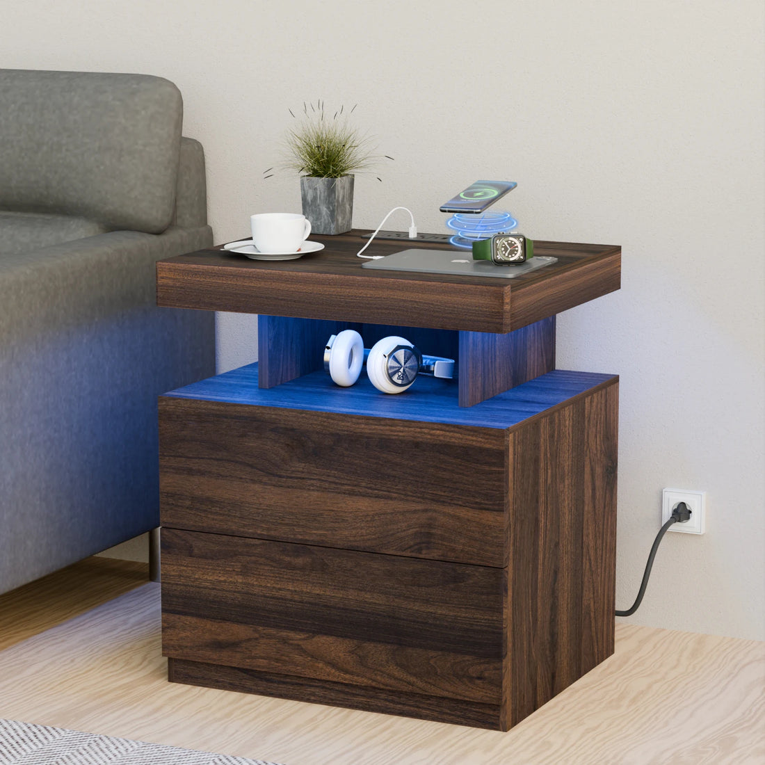 Nightstand LED Light Bedside Table with 3 Drawers, Adjustable Brightness, Modern Style