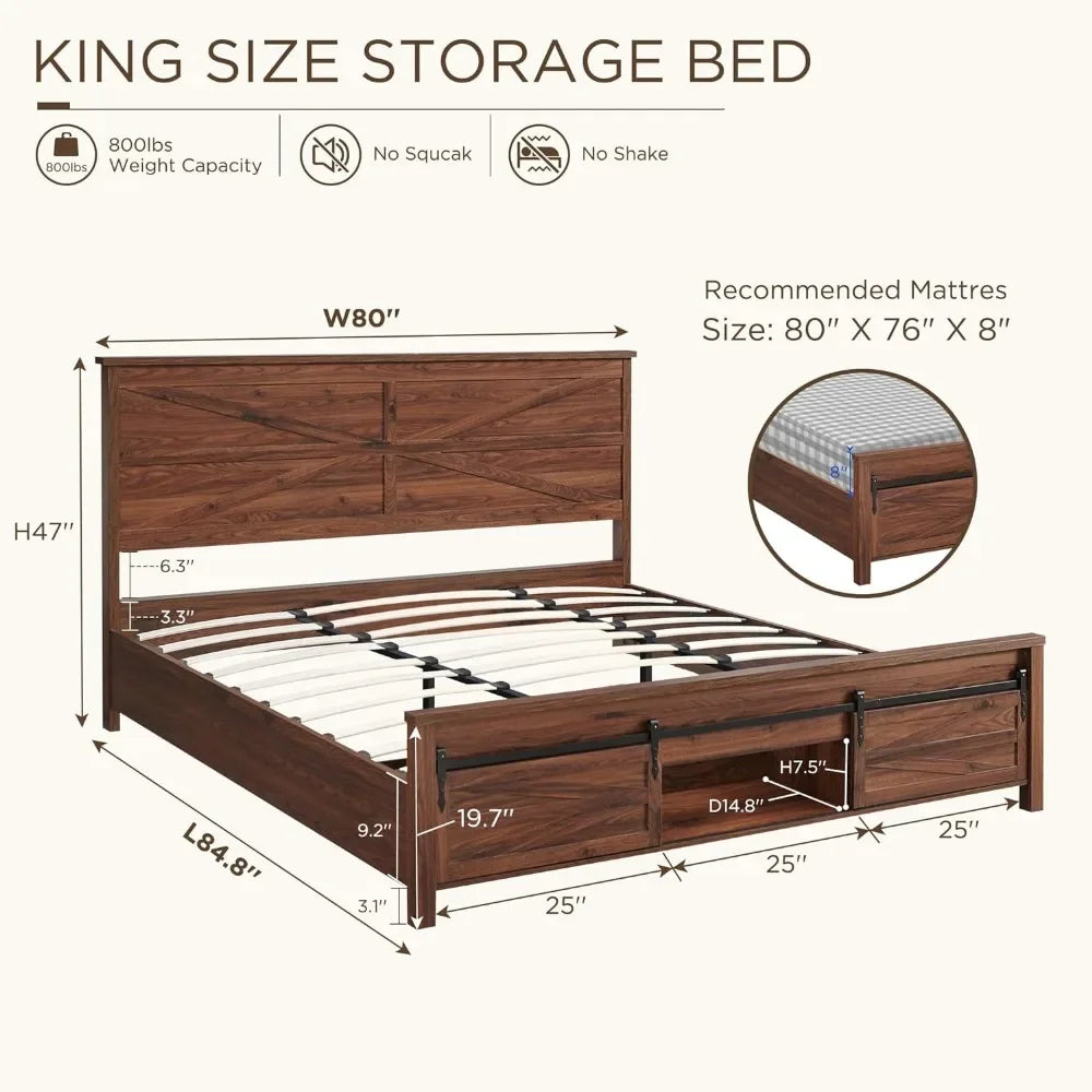 King Queen Full Size Bed Frame with Sliding Barn Door Storage Cabinets – Solid Wood Slats, Noiseless Design