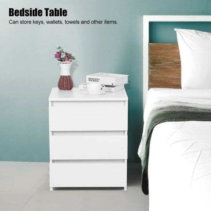 White Modern Bedside Table with 3 Storage Drawers