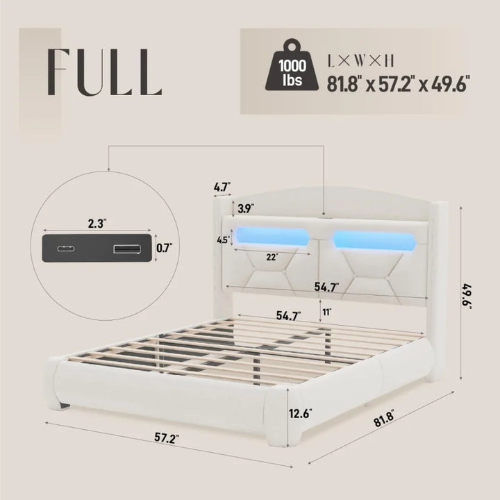 Boucle Bed Frame with Storage Headboard & LED Lighting, Upholstered Modern Platform Bed