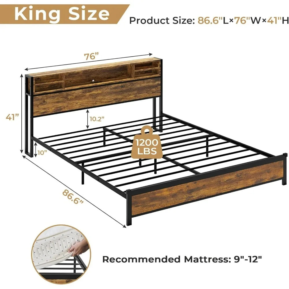 King Bed Frame with LED Lights Headboard, Metal Platform Bed with Storage, USB Ports