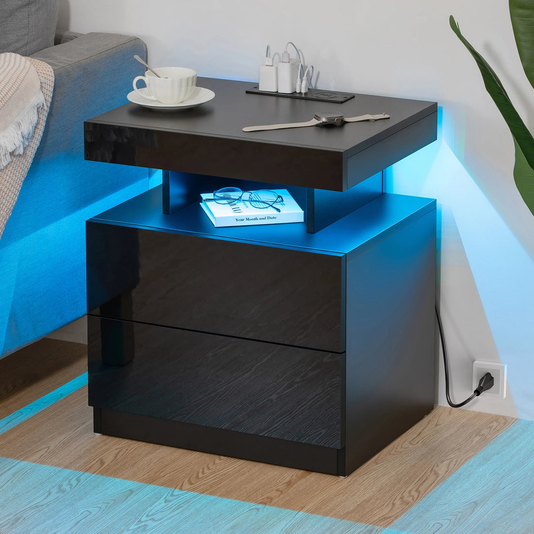 Nightstand LED Light Bedside Table with 3 Drawers, Adjustable Brightness, Modern Style