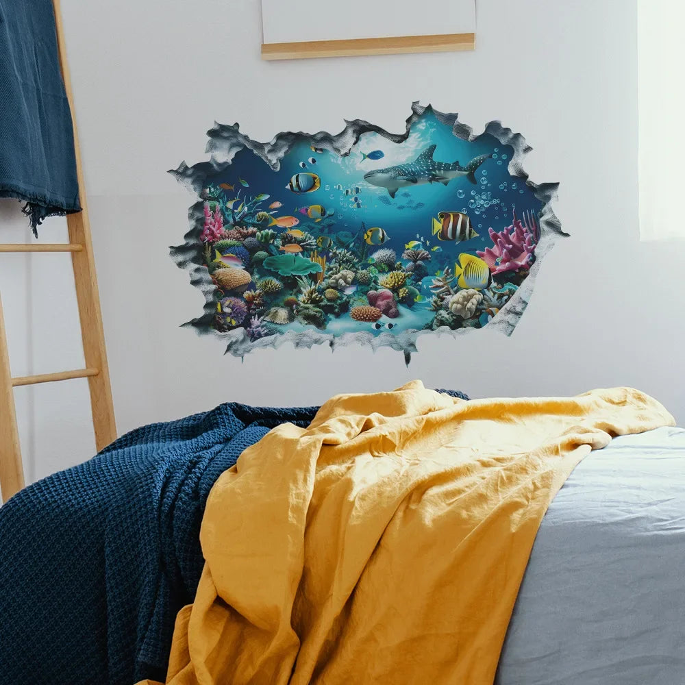 Broken Wall 3D Underwater World Wall Sticker - Self-Adhesive Art Decals for Room & Porch