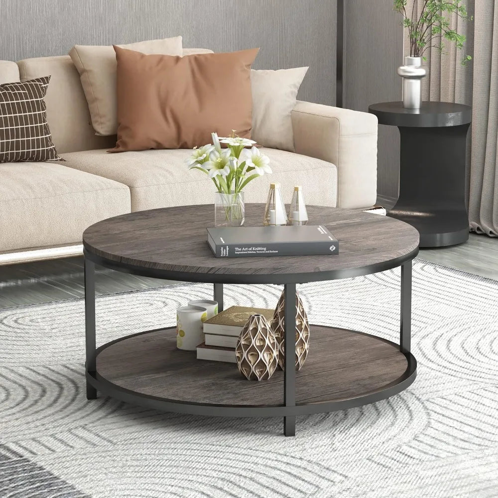 Round Coffee Table 36" with Storage Shelf, Rustic Wood 2-Tier Design for Living Room