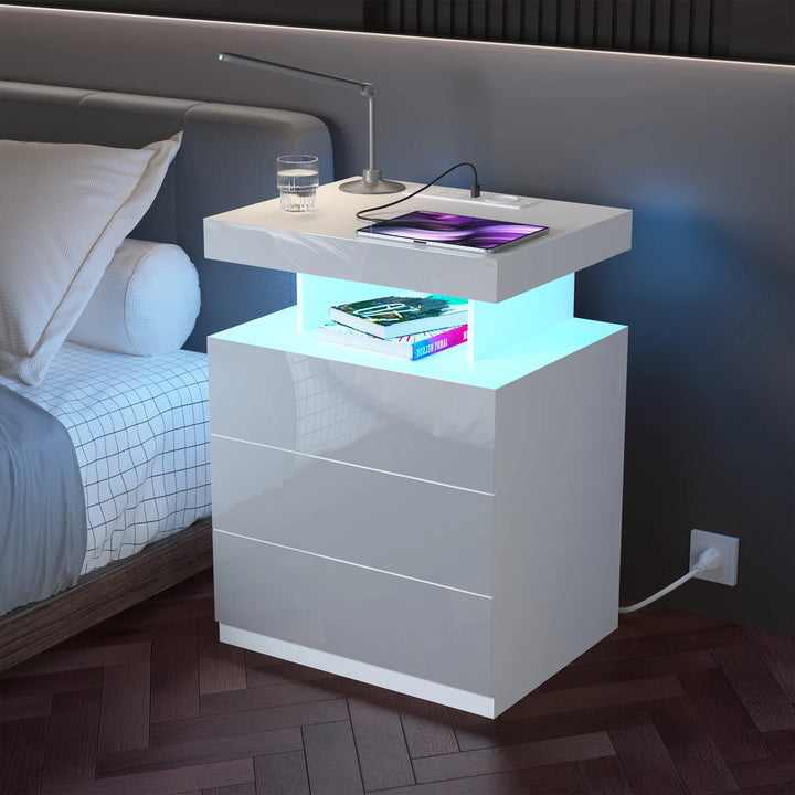 Nightstand LED Light Bedside Table with 3 Drawers, Adjustable Brightness, Modern Style