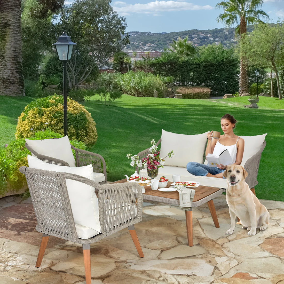 4-Piece Outdoor Acacia Wood Patio Set – Modern Deep Seating with Grey Rope & Beige Cushions