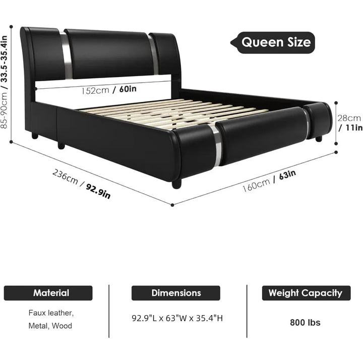 Modern Faux Leather Upholstered Platform Bed Frame with Curved Headboard & Iron Metal Decor