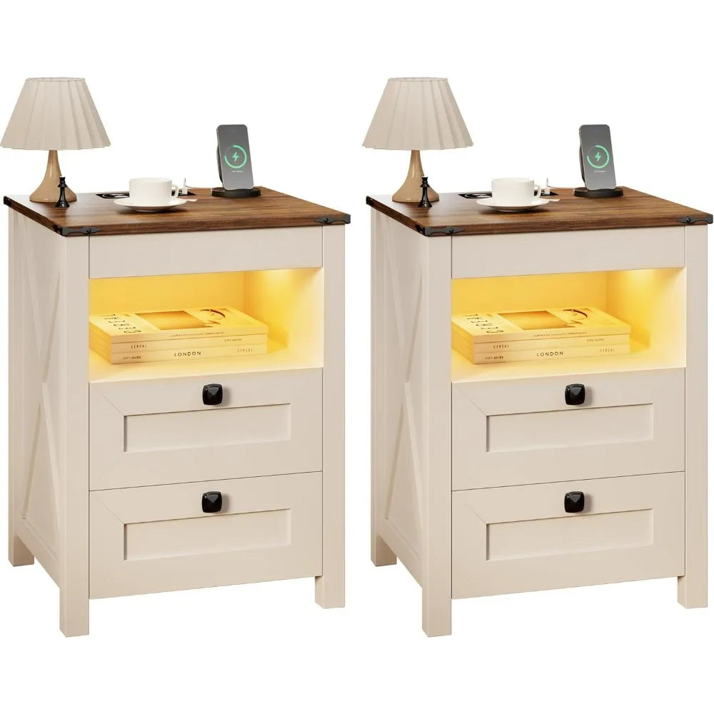 Night Stand Set 2 with Gun Drawer, Charging Station & LED Light