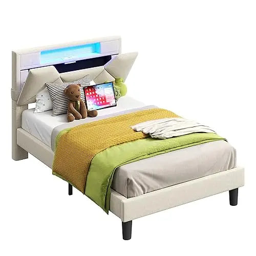 ANTCOR Twin Bed Frame with Storage, Charging Station & LED Lights