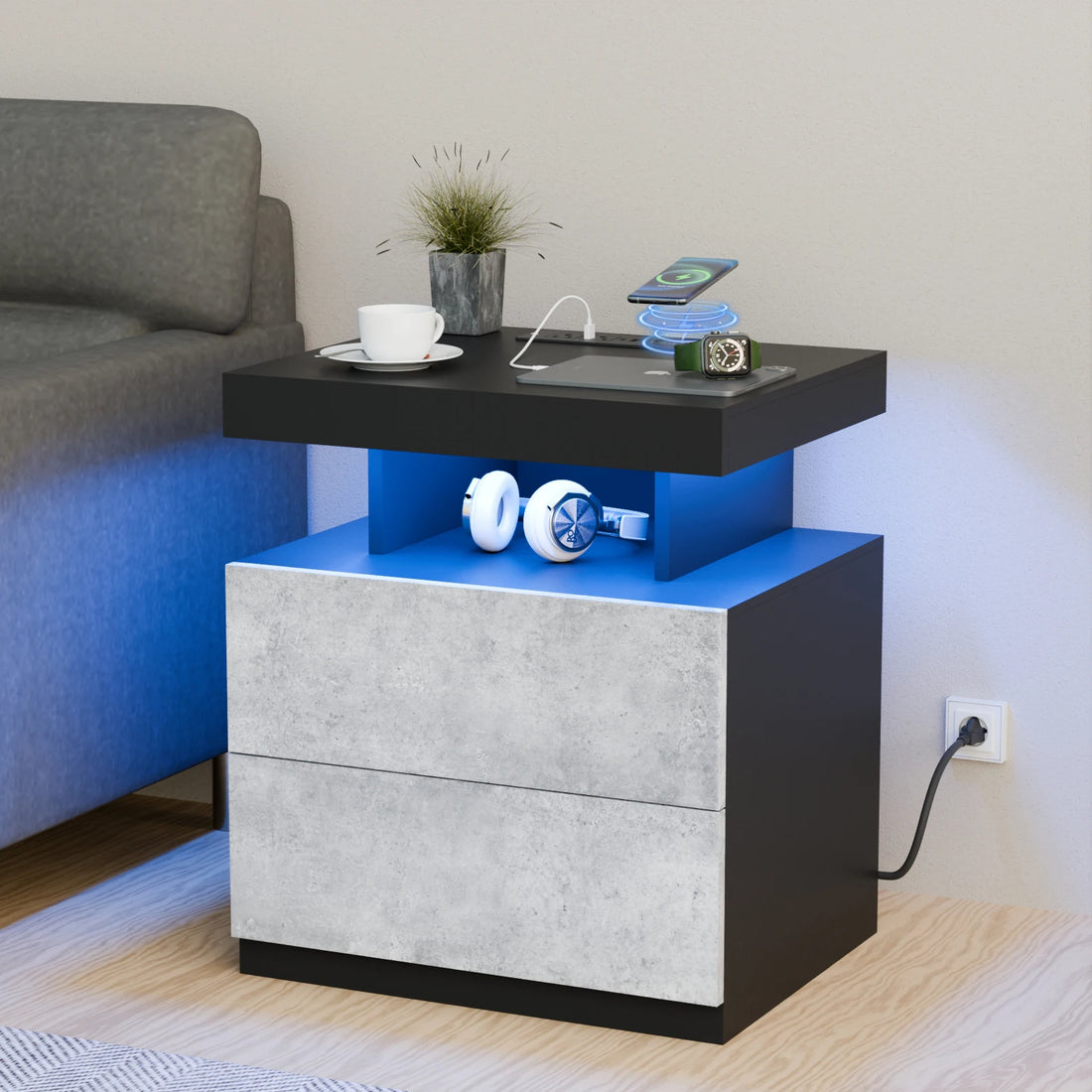 Nightstand LED Light Bedside Table with 3 Drawers, Adjustable Brightness, Modern Style