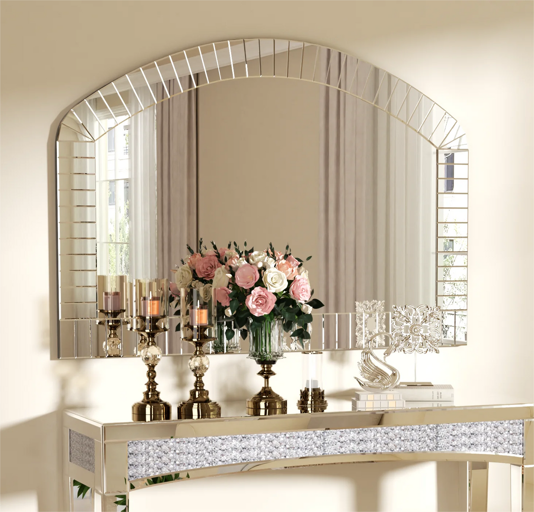 Large Silver Arched Wall Mirror - Decorative Venetian Accent with Beveled Edge