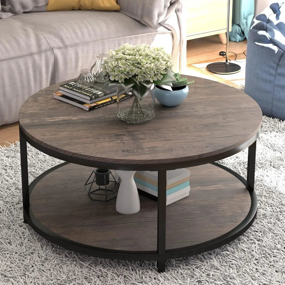 Round Coffee Table 36" with Storage Shelf, Rustic Wood 2-Tier Design for Living Room