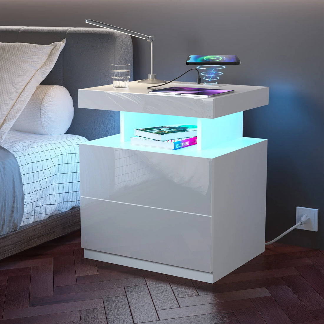 Nightstand LED Light Bedside Table with 3 Drawers, Adjustable Brightness, Modern Style