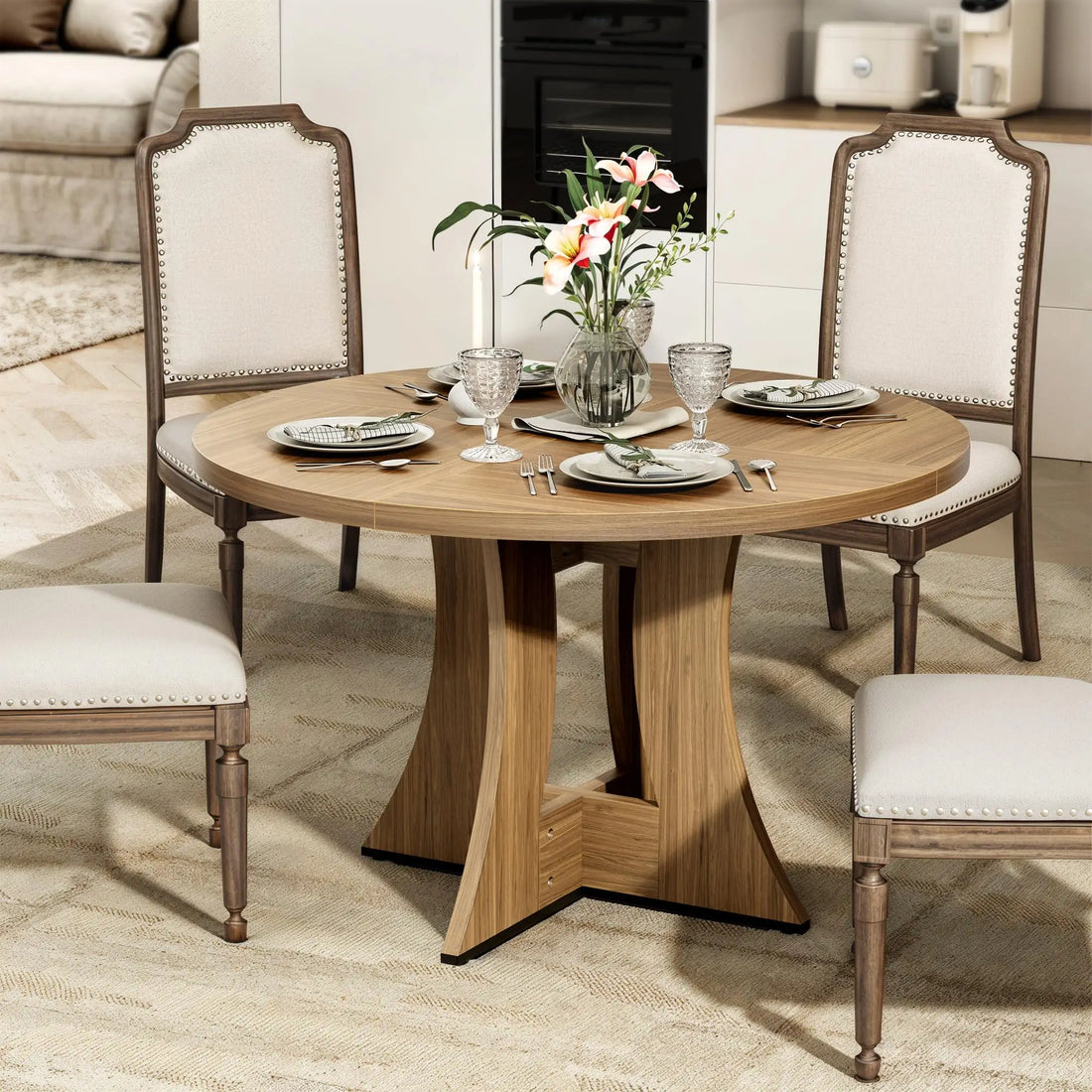 Round Dining Table 47.24" for 4 People - Wooden Marble Pattern with Gold Base