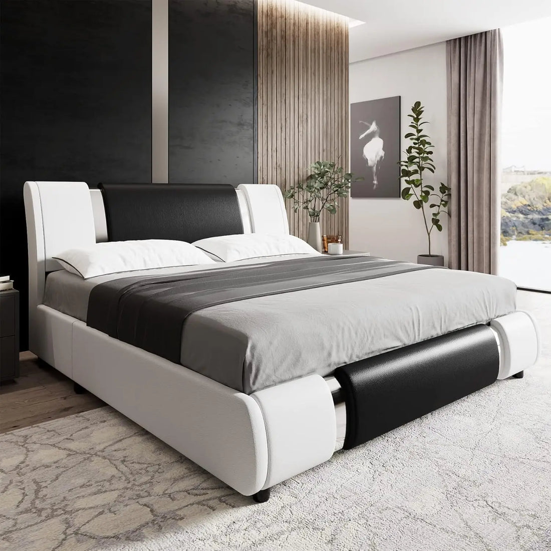 Modern Faux Leather Upholstered Platform Bed Frame with Curved Headboard & Iron Metal Decor