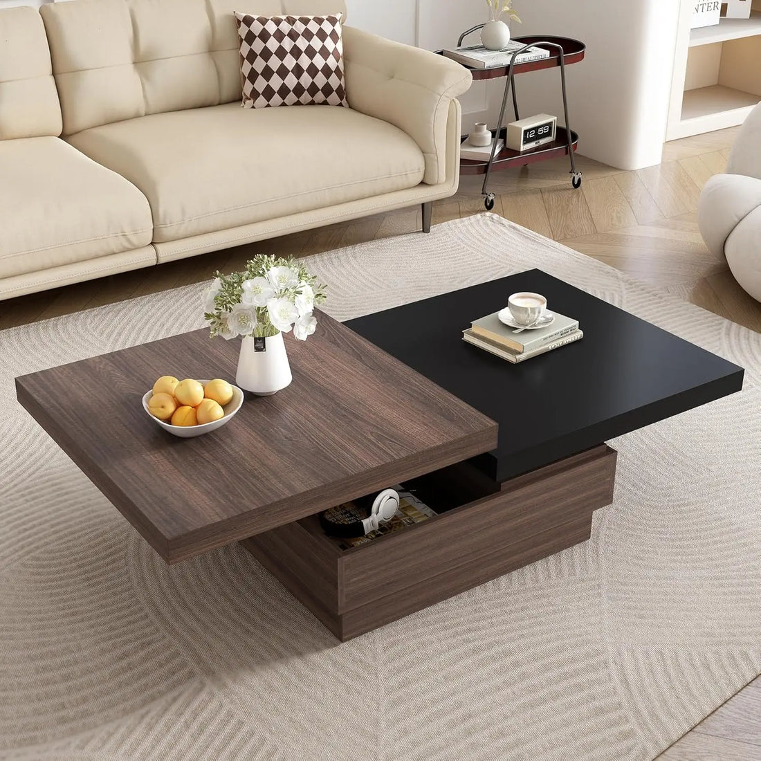 Modern Coffee Table with Hidden Storage & Rotating Top for Living Room