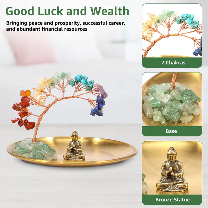 Tree and Buddha Statue Decor with Crystal Tree of Life for Home and Bedroom