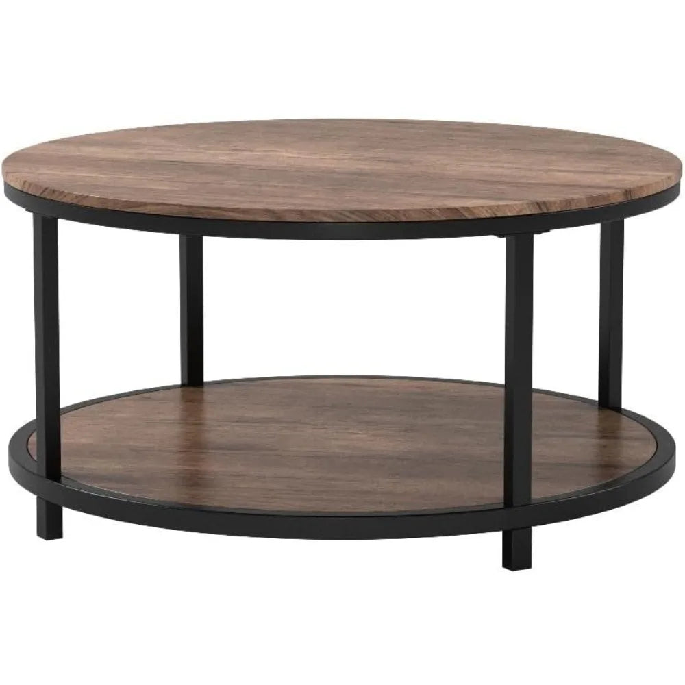 Round Coffee Table 36" with Storage Shelf, Rustic Wood 2-Tier Design for Living Room