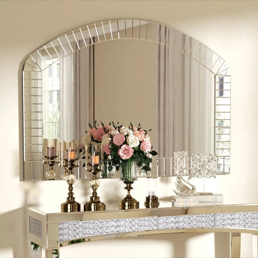 Large Silver Arched Wall Mirror - Decorative Venetian Accent with Beveled Edge